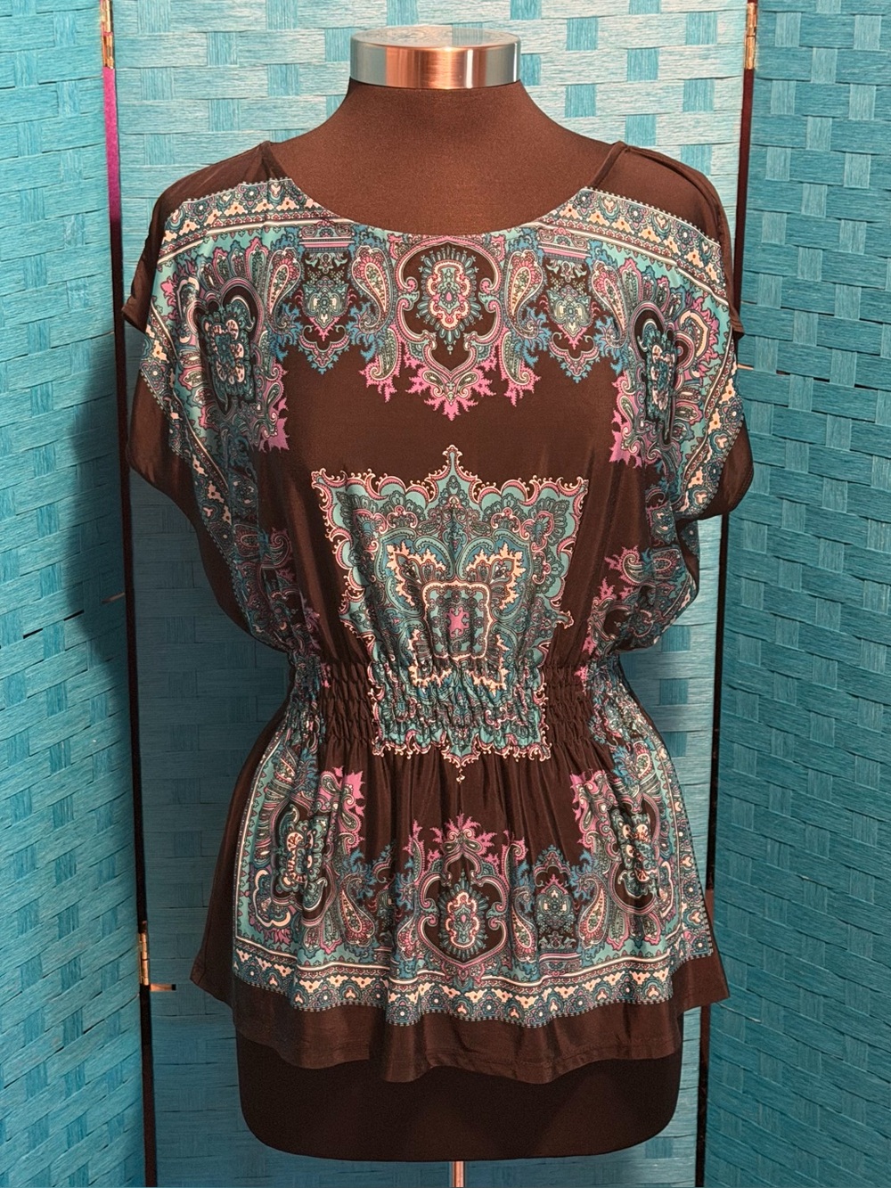 Heart Soul Paisley Boho Top Ruched Waist Stretch Top Y2K Black Teal Purple